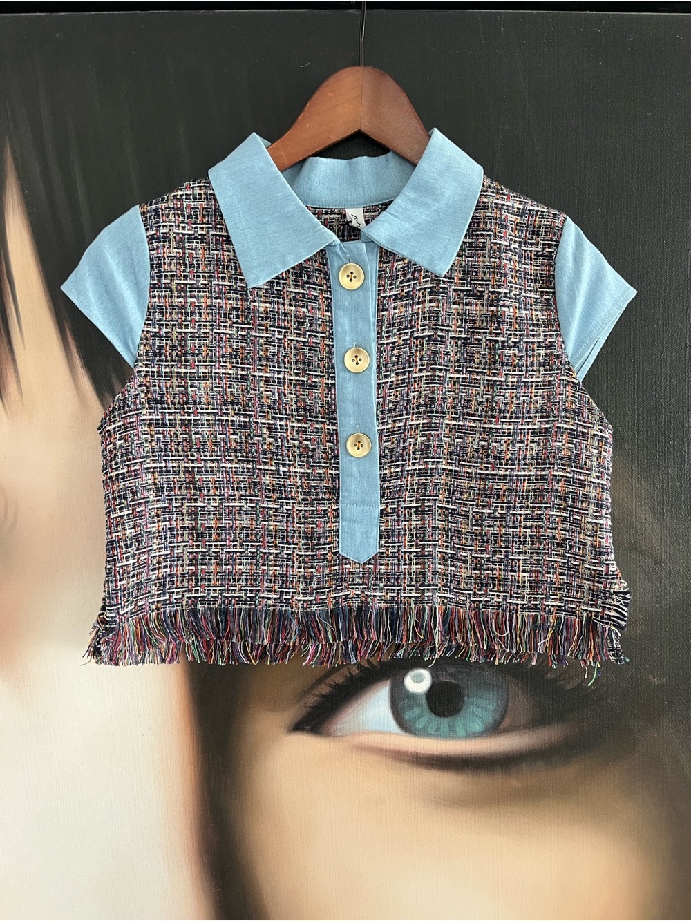 Tweed Fringe Cropped Top with denim color and sleeves
